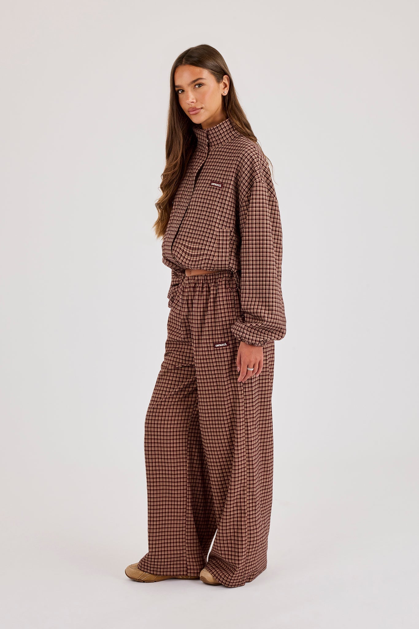 Check Twill Funnel Neck Jacket & Wide Leg Trouser - Burgundy